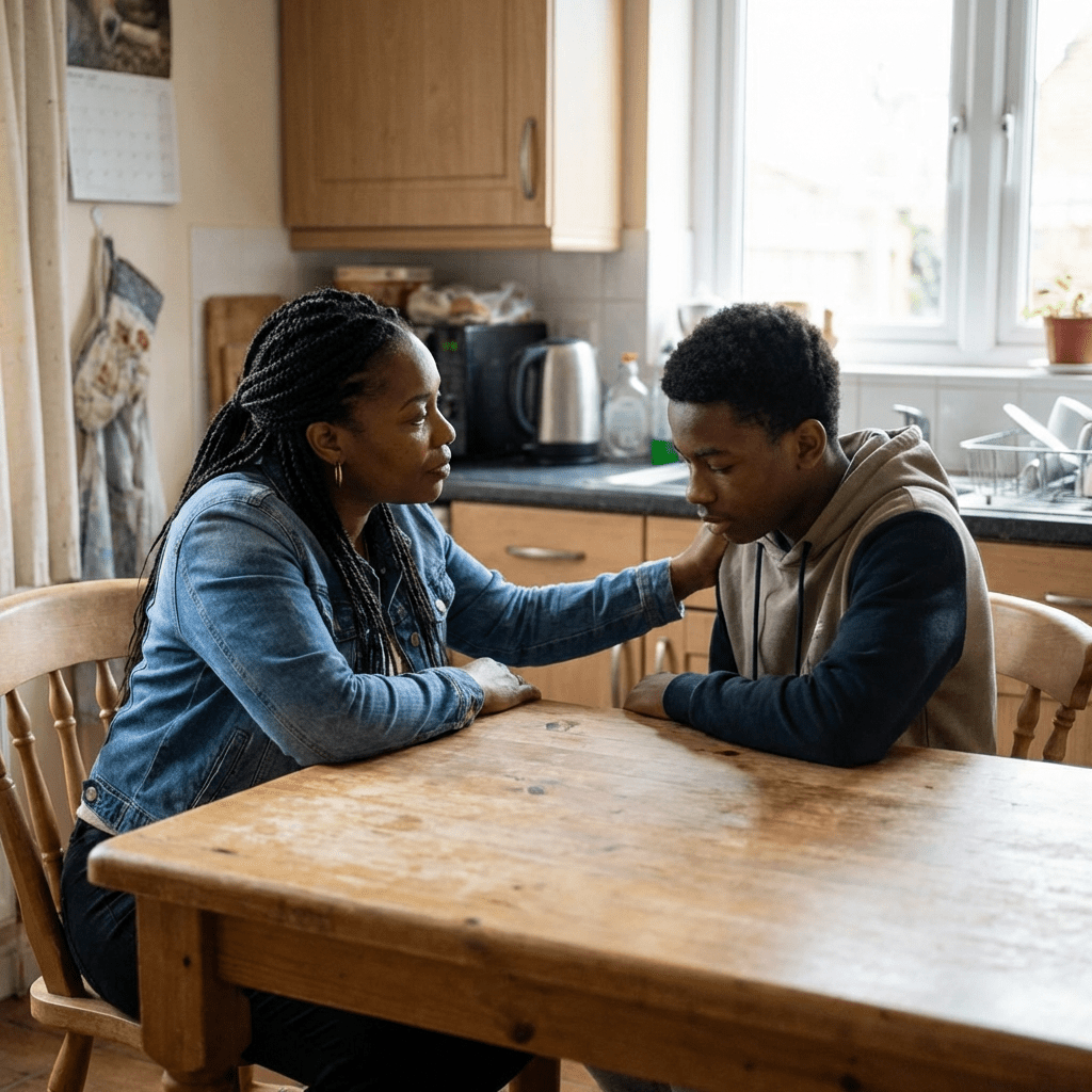 A woman offers comfort to a teenage boy at a wooden kitchen table.
