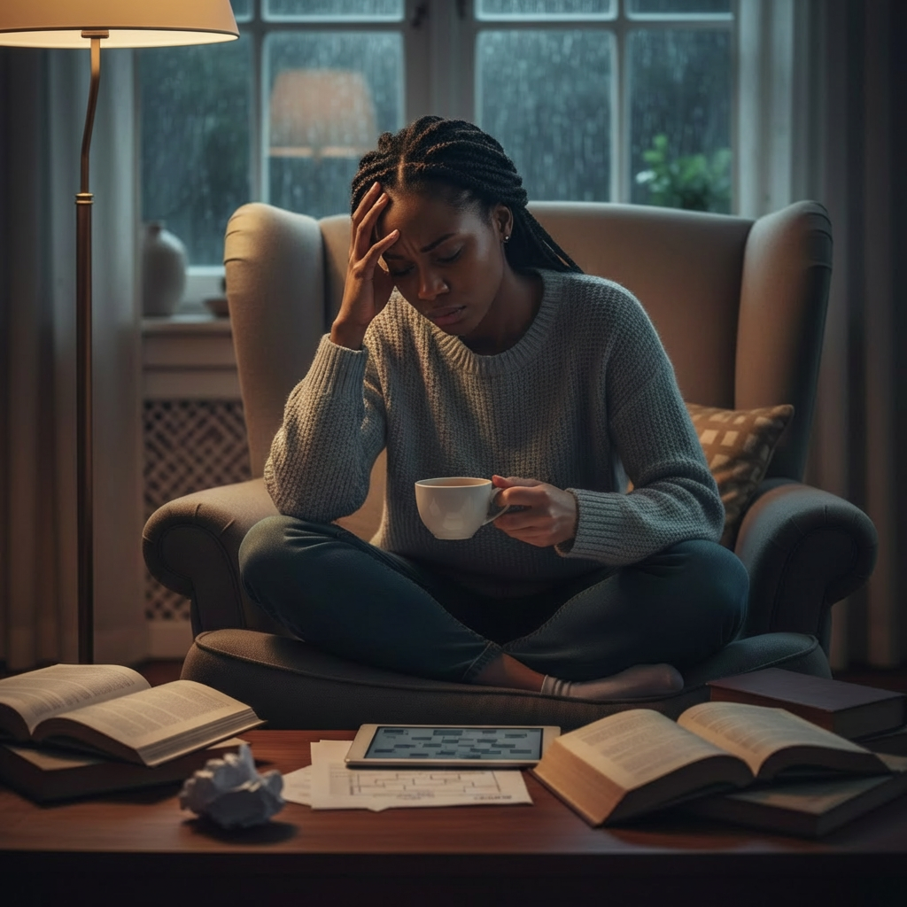 A woman sitting cross-legged in an armchair, holding a cup and looking stressed while studying.